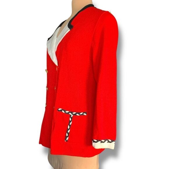 Vintage Red Double-Breasted Knit Cardigan Braided Trim Exaggerated Collar Plus - Picture 3 of 11